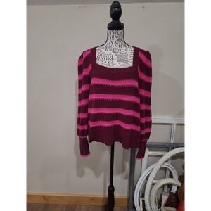 Maurices Women XL Pullover Sweater sq neck Puff sleeve burgandy pink multi seaso